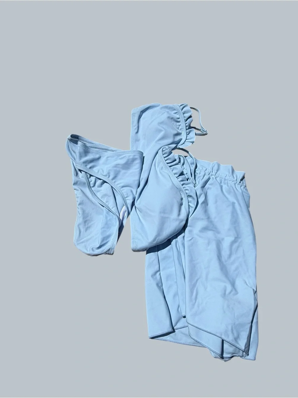 Girls 3 Piece Light Blue Ruffled Bikini with Short Swim Suit Size 160 aka 14 #26